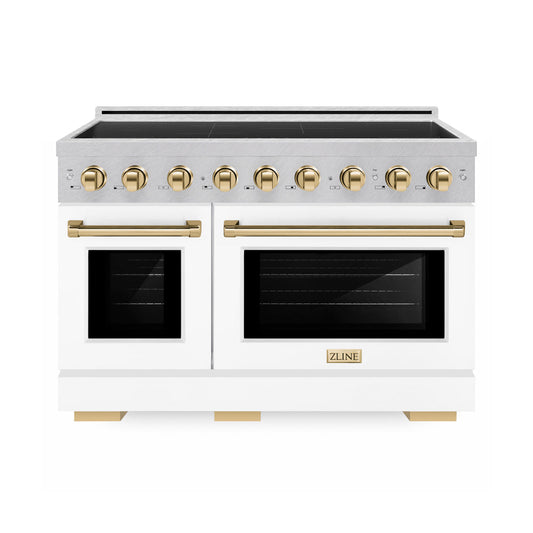 ZLINE Autograph Edition 48 in. 6.7 cu. ft. Paramount Induction Range with 7 Element Cooktop and Dual Ovens in Satin Stainless Steel with White Matte Doors and Polished Gold Accents (SINRSZ-WM-48-G) main image.
