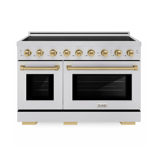 ZLINE Autograph Edition 48 in. 6.7 cu. ft. Paramount Induction Range with 7 Element Cooktop and Dual Ovens in Stainless Steel with Champagne Bronze Accents (SINRZ-48-CB) main image.
