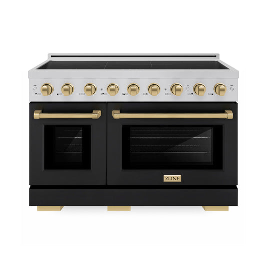 ZLINE Autograph Edition 48 in. 6.7 cu. ft. Paramount Induction Range with 7 Element Cooktop and Dual Ovens in Stainless Steel with Black Matte Doors and Champagne Bronze Accents (SINRZ-BLM-48-CB) main image.