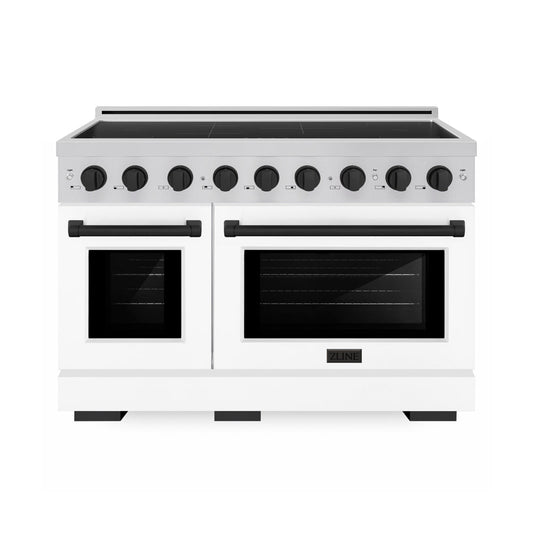 ZLINE Autograph Edition 48 in. 6.7 cu. ft. Paramount Induction Range with 7 Element Cooktop and Dual Ovens in Stainless Steel with White Matte Doors and Matte Black Accents (SINRZ-WM-48-MB) main image.
