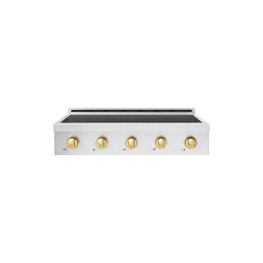 ZLINE Autograph Edition 36 in. Paramount Induction Rangetop with 5 Element Cooktop in Satin Stainless Steel and Polished Gold Accents (SINRTSZ-36-G) main image.
