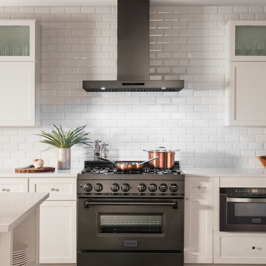 Farmhouse kitchen with ZLINE 30 in. Convertible Vent Wall Mount Range Hood in Black Stainless Steel (BSKEN-30) and white tiled walls
