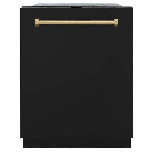 ZLINE Autograph Edition 24 in. Monument Series 3rd Rack Top Touch Control Tall Tub Dishwasher in Black Matte with Champagne Bronze Handle, 45dBa (DWMTZ-BLM-24-CB) front, closed.