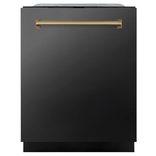 ZLINE Autograph Edition 24 in. Monument Series 3rd Rack Top Touch Control Tall Tub Dishwasher in Black Stainless Steel with Champagne Bronze Handle, 45dBa (DWMTZ-BS-24-CB) main image.