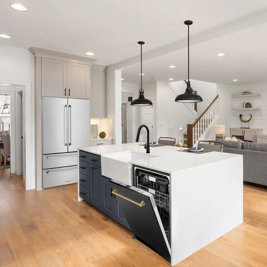 Modern kitchen with white island, ZLINE Autograph Edition 24 in. Monument Series 3rd Rack Top Touch Control Tall Tub Dishwasher in Black Stainless Steel with Champagne Bronze Handle, 45dBa (DWMTZ-BS-24-CB), and wooden flooring.