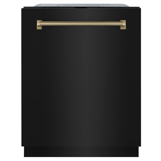 ZLINE Autograph Edition 24 in. Monument Series 3rd Rack Top Touch Control Tall Tub Dishwasher in Black Stainless Steel with Champagne Bronze Helix Handle, 45dBa (DWMTZ-BS-24-KCB)