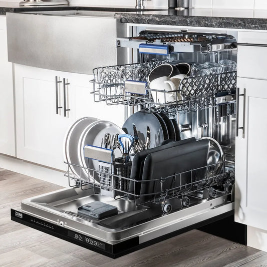 Open ZLINE Autograph Edition 24 in. Tallac Series 3rd Rack Top Control Built-In Tall Tub Dishwasher in Black Stainless Steel with Champagne Bronze Handle, 51dBa (DWVZ-BS-24-CB) with clean dishes in a modern kitchen