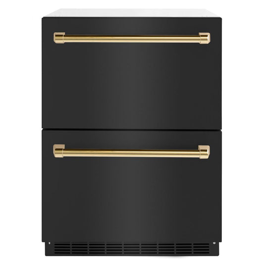 ZLINE Autograph Edition 24 in. Touchstone 168 Can Outdoor-Rated Dual Refrigerator Drawer with Black Stainless Steel Doors and Polished Gold Handles (RDSOZ-BS-24-G)