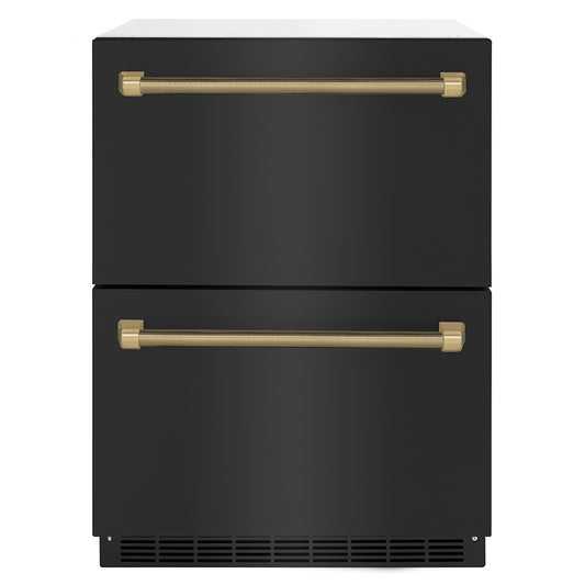 ZLINE Autograph Edition 24 in. Touchstone 168 Can Outdoor-Rated Dual Refrigerator Drawer with Black Stainless Steel Doors and Champagne Bronze Helix Handles (RDSOZ-BS-24-KCB)