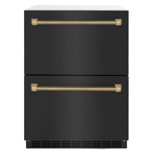 ZLINE Autograph Edition 24 in. Touchstone 168 Can Outdoor-Rated Dual Refrigerator Drawer with Black Stainless Steel Doors and Champagne Bronze Helix Handles (RDSOZ-BS-24-KCB) main image.
