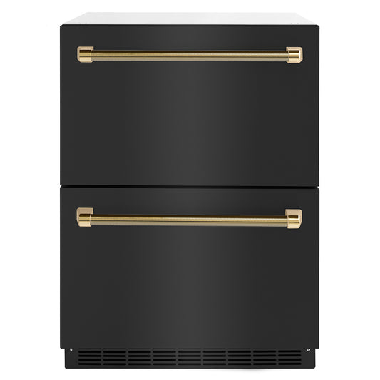 ZLINE Autograph Edition 24 in. Touchstone 168 Can Outdoor-Rated Dual Refrigerator Drawer with Black Stainless Steel Doors and Polished Gold Helix Handles (RDSOZ-BS-24-KG)