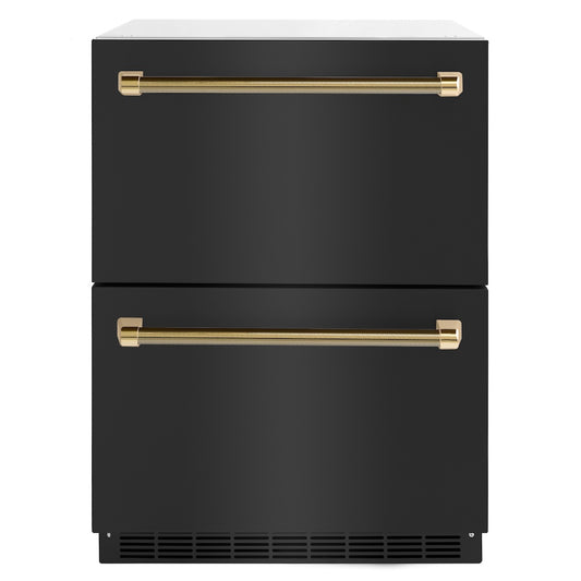 ZLINE Autograph Edition 24 in. Touchstone 168 Can Outdoor-Rated Dual Refrigerator Drawer with Black Stainless Steel Doors and Polished Gold Helix Handles (RDSOZ-BS-24-KG) main image.