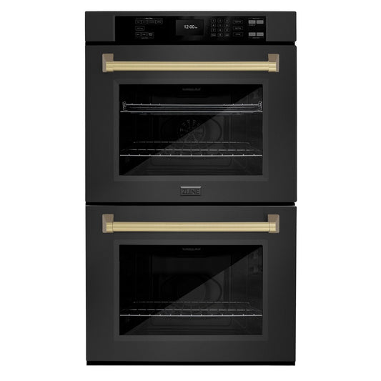 ZLINE Autograph Edition 30 in. Professional True Convection Double Wall Oven with Air Fry and Self Clean in Black Stainless Steel with Champagne Bronze Handles (WADBZ-30-CB)