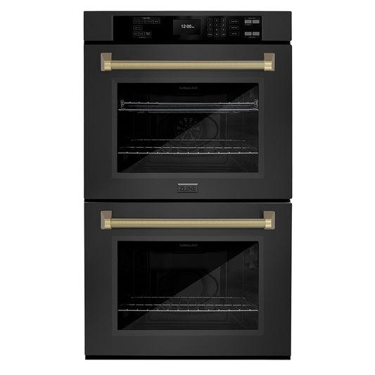 ZLINE Autograph Edition 30 in. Professional True Convection Double Wall Oven with Air Fry and Self Clean in Black Stainless Steel with Champagne Bronze Helix Handles (WADBZ-30-KCB)