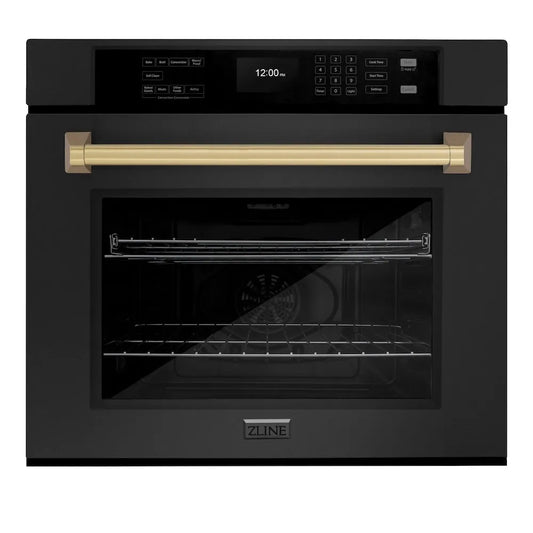 ZLINE Autograph Edition 30 in. Professional True Convection Single Wall Oven with Air Fry and Self Clean in Black Stainless Steel with Champagne Bronze Handle (WASBZ-30-CB) main image.
