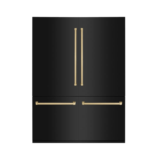 ZLINE Autograph Edition 60 in. 32.2 cu. ft. French Door Built-In Bottom Freezer Refrigerator with Water Dispenser and Ice Maker in Black Stainless Steel with Champagne Bronze Accents (RBIVZ-BS-60-CB) front, closed.
