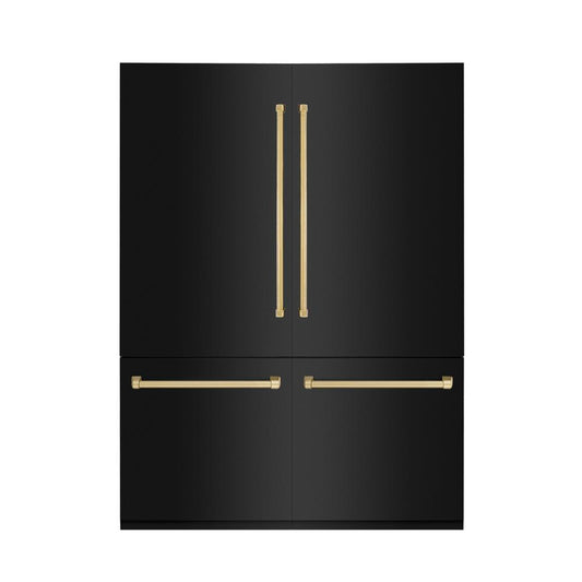 ZLINE Autograph Edition 60 in. 32.2 cu. ft. Built-in 4-Door French Door Refrigerator with Internal Water and Ice Dispenser in Black Stainless Steel with Polished Gold Accents (RBIVZ-BS-60-G) front, closed.