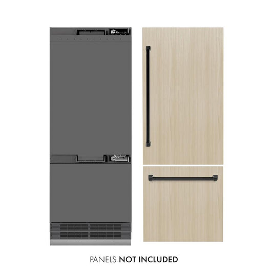 ZLINE Autograph Edition 30 in. 16.1 cu. ft. Panel Ready Built-In Bottom Freezer Refrigerator with Water Dispenser and Ice Maker with Graphite Gray Interior and Matte Black Accents (GRBIVZ-30-MB) front, next to custom panels and handles. Text: Panels not included.