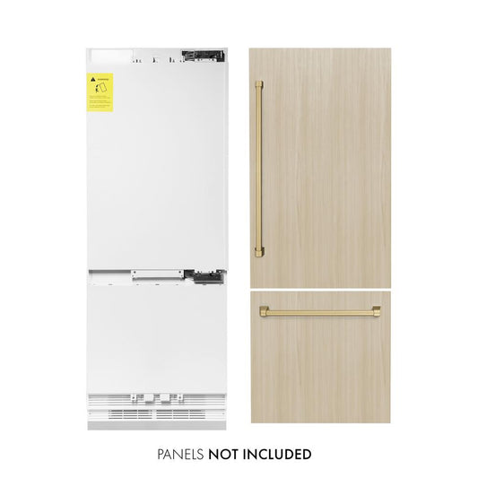 ZLINE Autograph Edition 30 in. 16.1 cu. ft. Panel Ready Built-In Bottom Freezer Refrigerator with Water Dispenser and Ice Maker with Champagne Bronze Accents (RBIVZ-30-CB) front, closed, next to custom panels with handles installed. Text: Panels not included. Trim kit included.