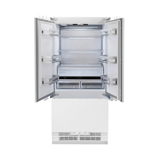 ZLINE Autograph Edition 36 in. 19.6 cu. ft. Panel Ready French Door Built-In Bottom Freezer Refrigerator with Water Dispenser and Ice Maker with Champagne Bronze Accents (RBIVZ-36-CB) front, refrigeration compartment open.