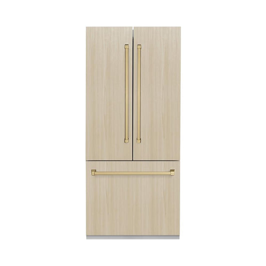 ZLINE Autograph Edition 36 in. 19.6 cu. ft. Panel Ready French Door Built-In Bottom Freezer Refrigerator with Water Dispenser and Ice Maker with Champagne Bronze Accents (RBIVZ-36-CB)