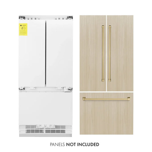 ZLINE Autograph Edition 36 in. 19.6 cu. ft. Panel Ready French Door Built-In Bottom Freezer Refrigerator with Water Dispenser and Ice Maker with Champagne Bronze Accents (RBIVZ-36-CB) main image.