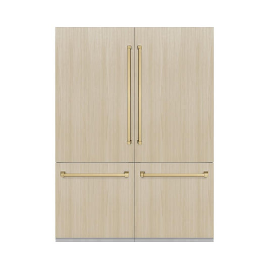 ZLINE Autograph Edition 60 in. 32.2 cu. ft. Panel Ready French Door Built-In Bottom Freezer Refrigerator with Water Dispenser and Ice Maker with Champagne Bronze Accents (RBIVZ-60-CB) front, with custom panels on.