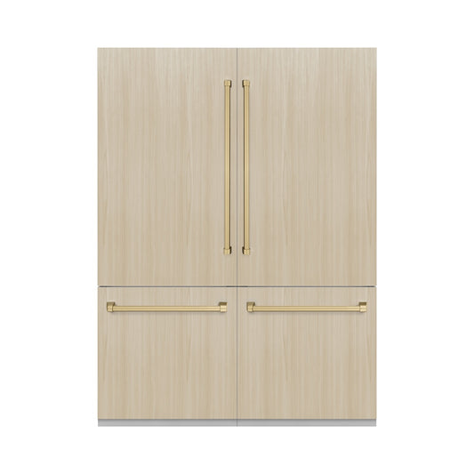 ZLINE Autograph Edition 60 in. 32.2 cu. ft. Panel Ready French Door Built-In Bottom Freezer Refrigerator with Water Dispenser and Ice Maker with Champagne Bronze Accents (RBIVZ-60-CB) front, closed, with panels.