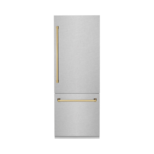 ZLINE Autograph Edition 30 in. 16.1 cu. ft. Built-In Bottom Freezer Refrigerator with Water Dispenser and Ice Maker in Satin Stainless Steel with Polished Gold Accents (RBIVZ-SN-30-G) front.