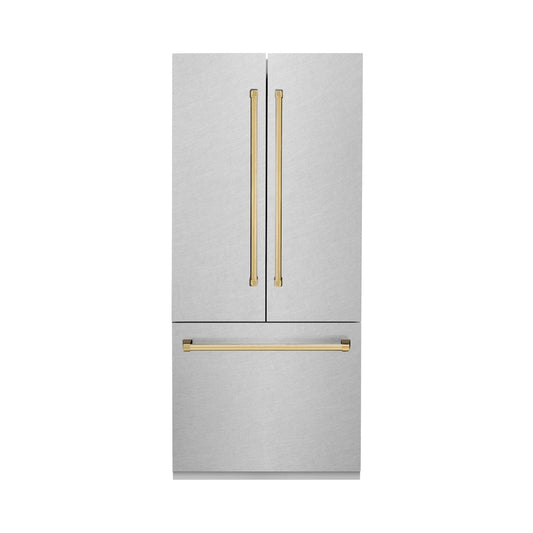 ZLINE Autograph Edition 36 in. 19.6 cu. ft. French Door Built-In Bottom Freezer Refrigerator with Water Dispenser and Ice Maker in Satin Stainless Steel with Polished Gold Accents (RBIVZ-SN-36-G) front.