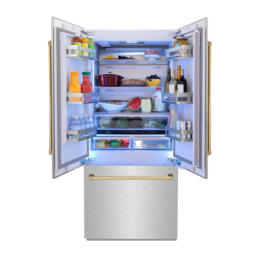 ZLINE Autograph Edition 36 in. 19.6 cu. ft. French Door Built-In Bottom Freezer Refrigerator with Water Dispenser and Ice Maker in Satin Stainless Steel with Polished Gold Accents (RBIVZ-SN-36-G) front, open, with food inside refrigeration compartment.