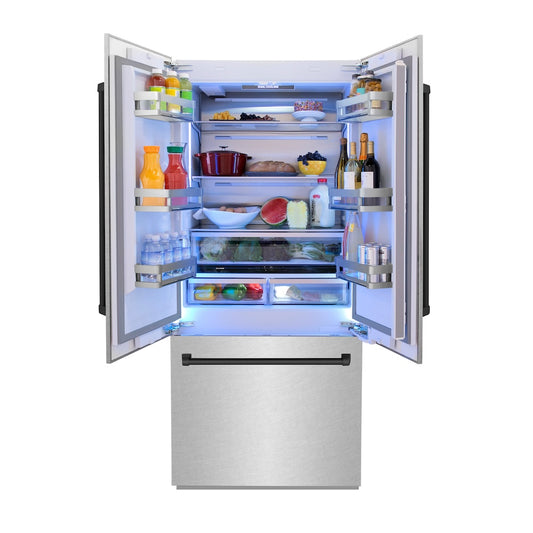 ZLINE Autograph Edition 36 in. 19.6 cu. ft. French Door Built-In Bottom Freezer Refrigerator with Water Dispenser and Ice Maker in Satin Stainless Steel with Matte Black Accents (RBIVZ-SN-36-MB) front, open, with food inside refrigeration compartment.