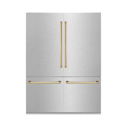 ZLINE Autograph Edition 60 in. 32.2 cu. ft. French Door Built-In Bottom Freezer Refrigerator with Water Dispenser and Ice Maker in Satin Stainless Steel with Polished Gold Accents (RBIVZ-SN-60-G) front.