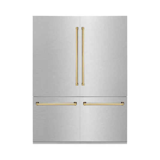 ZLINE Autograph Edition 60 in. 32.2 cu. ft. French Door Built-In Bottom Freezer Refrigerator with Water Dispenser and Ice Maker in Satin Stainless Steel with Polished Gold Accents (RBIVZ-SN-60-G) main image.