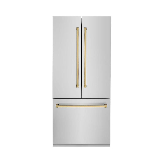 ZLINE Autograph Edition 36 in. 19.6 cu. ft. Built-in 3-Door French Door Refrigerator with Internal Water and Ice Dispenser in Stainless Steel with Polished Gold Accents (RBIVZ-304-36-G)