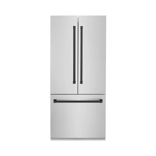 ZLINE Autograph Edition 36 in. 19.6 cu. ft. French Door Built-In Bottom Freezer Refrigerator with Water Dispenser and Ice Maker in Stainless Steel with Matte Black Accents (RBIVZ-304-36-MB) main image.
