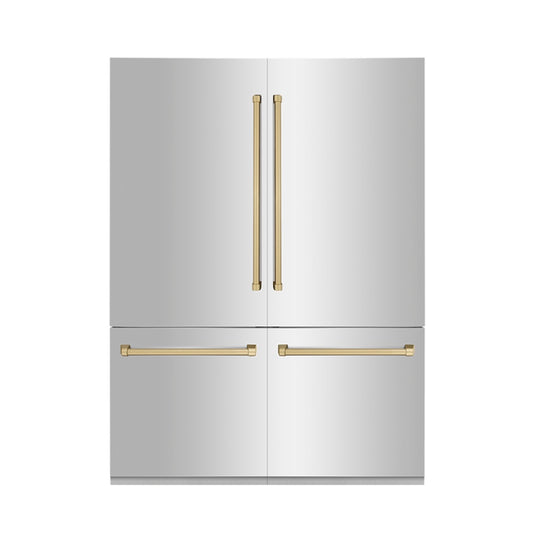ZLINE Autograph Edition 60 in. 32.2 cu. ft. French Door Built-In Bottom Freezer Refrigerator with Water Dispenser and Ice Maker in Stainless Steel with Champagne Bronze Accents (RBIVZ-304-60-CB) front, closed.
