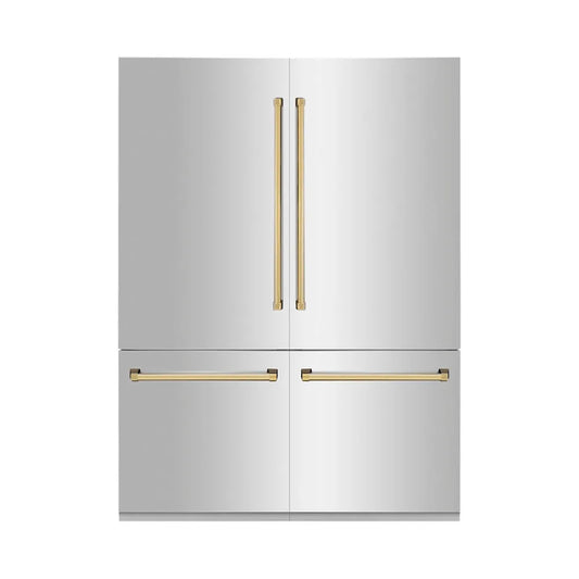 ZLINE Autograph Edition 60 in. 32.2 cu. ft. French Door Built-In Bottom Freezer Refrigerator with Water Dispenser and Ice Maker in Stainless Steel with Polished Gold Accents (RBIVZ-304-60-G) main image.
