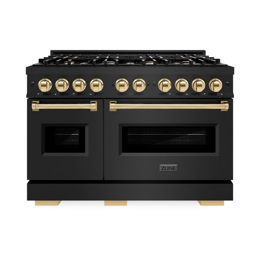 ZLINE Autograph Edition 48 in. 6.7 cu. ft. Classic Double Oven Dual Fuel Range with 8 Burner Gas Cooktop in Black Stainless Steel and Polished Gold Accents (CDRBZ-48-G) front, oven closed.