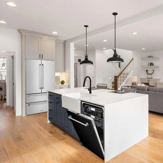 ZLINE 24 in. Monument Dishwasher with Black Matte Panel (DWMT-BLM-24) in farmhouse style kitchen with white counters
