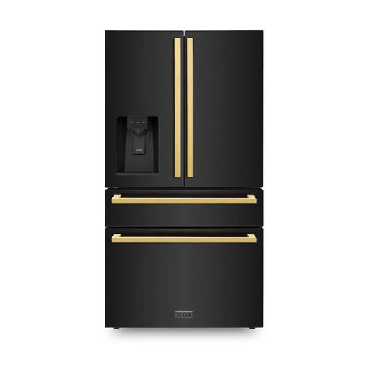 ZLINE Autograph Edition 36 in. 21.6 cu. ft. Counter-Depth French Door Refrigerator with Water and Ice Dispenser in Fingerprint-Resistant Black Stainless Steel with Polished Gold Modern Handles (RFMZ-W-36-BS-FG) main image.