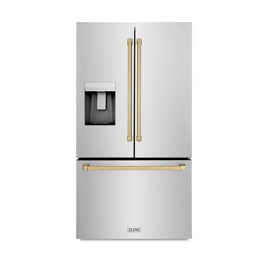 ZLINE Autograph Edition 36 in. 28.9 cu. ft. Standard-Depth French Door External Water Dispenser Refrigerator with Dual Ice Maker in Fingerprint-Resistant Stainless Steel and Champagne Bronze Traditional Handles (RSMZ-W-36-CB)
