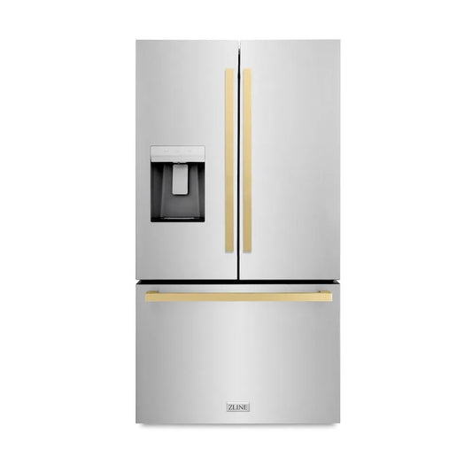 ZLINE Autograph Edition 36 in. 28.9 cu. ft. Standard-Depth French Door External Water Dispenser Refrigerator with Dual Ice Maker in Fingerprint-Resistant Stainless Steel and Champagne Bronze Modern Handles (RSMZ-W-36-FCB) main image.
