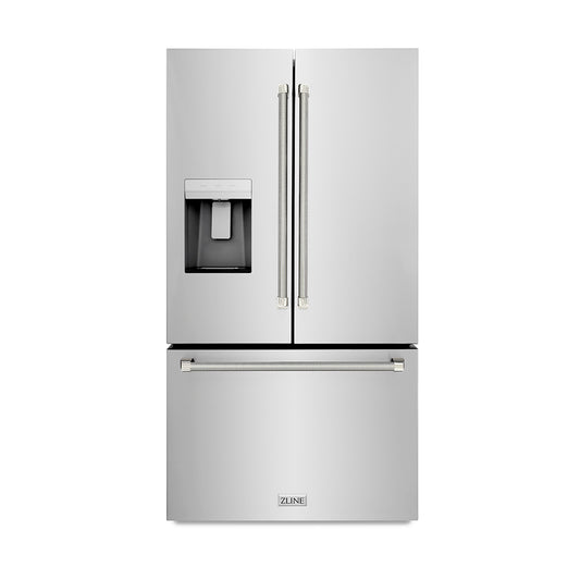 ZLINE Autograph Edition 36 in. 28.9 cu. ft. Standard-Depth French Door External Water Dispenser Refrigerator with Dual Ice Maker in Fingerprint-Resistant Stainless Steel and Polished Nickel Helix Handles (RSMZ-W-36-KPN)