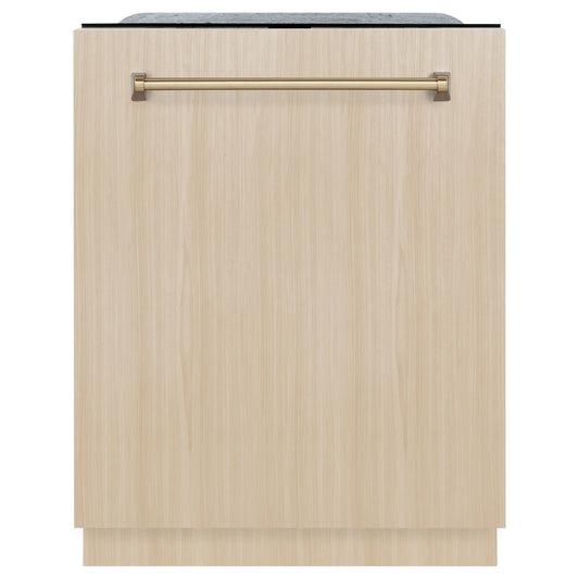 ZLINE Autograph Edition 24 in. Monument Series 3rd Rack Top Touch Control Tall Tub Dishwasher in Custom Panel Ready with Champagne Bronze Handle, 45dBa (DWMTZ-24-CB) front, with custom panel.