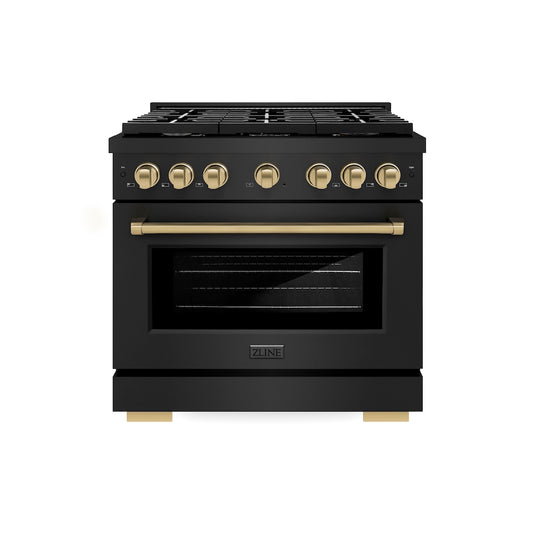 ZLINE Autograph Edition 36 in. 5.2 cu. ft. Paramount Gas Range with 6 Burner Cooktop and Convection Gas Oven in Black Stainless Steel and Champagne Bronze Accents (SGRBZ-36-CB) front.