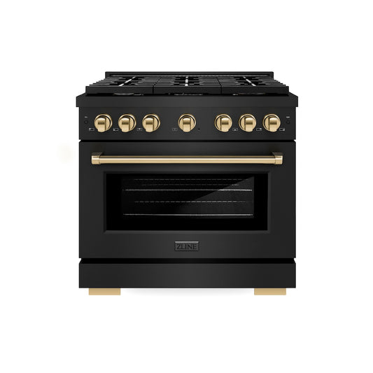 ZLINE Autograph Edition 36 in. 5.2 cu. ft. Paramount Gas Range with 6 Burner Cooktop and Convection Gas Oven in Black Stainless Steel and Polished Gold Accents (SGRBZ-36-G) front.