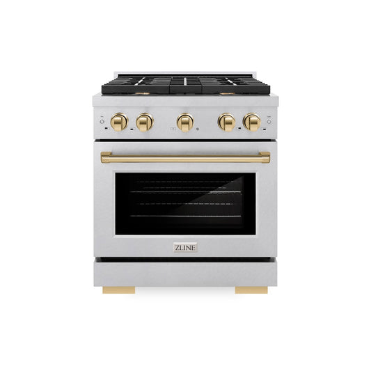 ZLINE Autograph Edition 30 in. 4.2 cu. ft. Paramount Dual Fuel Range with 4 Burner Gas Cooktop and Electric Convection Oven in Satin Stainless Steel with Polished Gold Accents (SDRSZ-30-G) front.