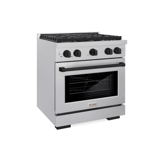 ZLINE Autograph Edition 30 in. 4.2 cu. ft. Paramount Dual Fuel Range with 4 Burner Gas Cooktop and Electric Convection Oven in Satin Stainless Steel with Matte Black Accents (SDRSZ-30-MB) side.