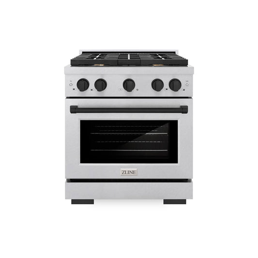 ZLINE Autograph Edition 30 in. 4.2 cu. ft. Paramount Gas Range with 4 Burner Cooktop and Convection Gas Oven in Satin Stainless Steel and Matte Black Accents (SGRSZ-30-MB) front.